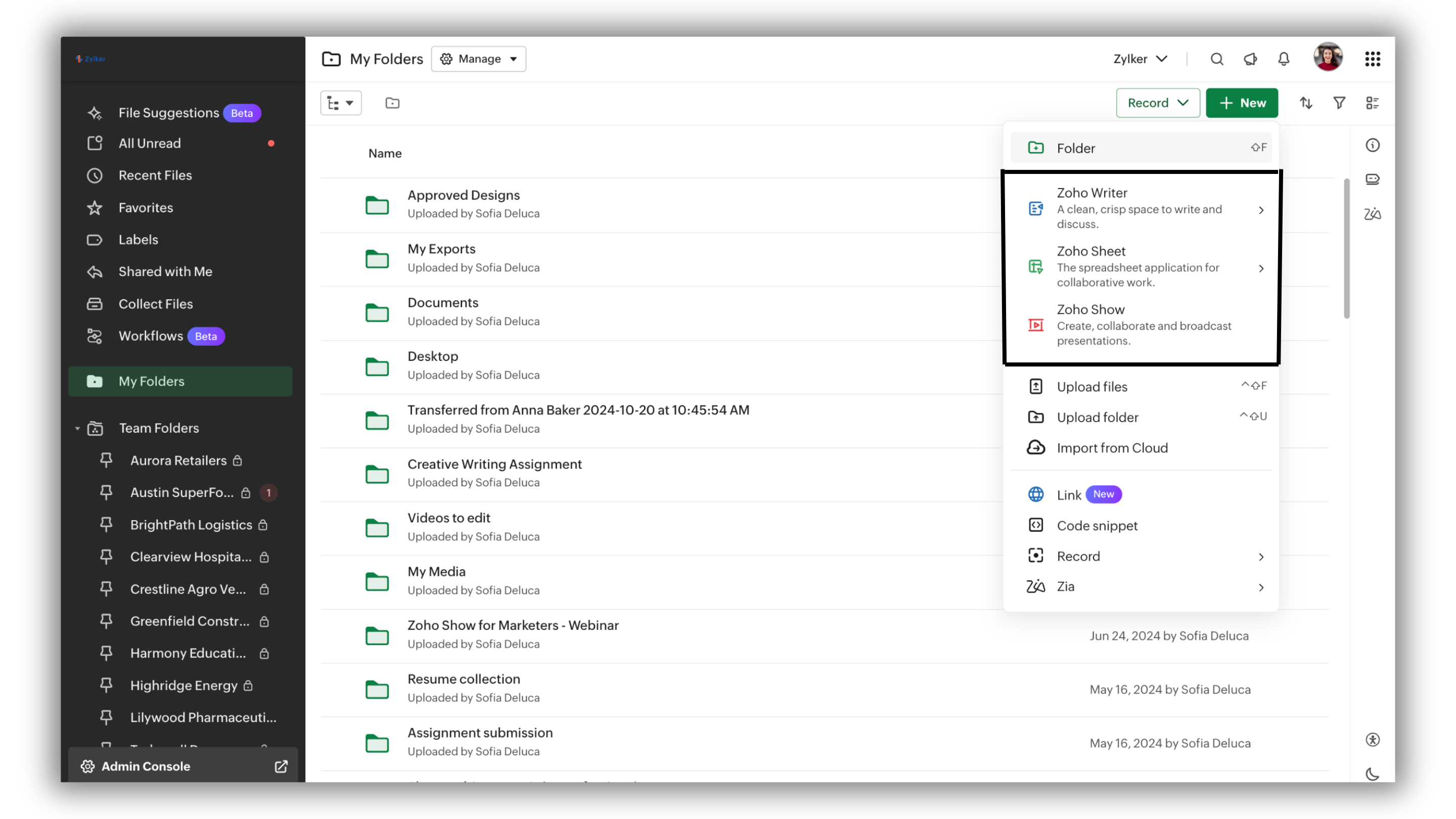 screenshot of Zoho WorkDrive